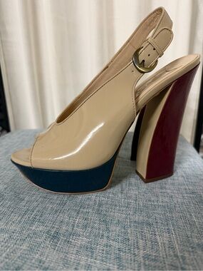 Boutique 9 Nude Patent Leather Peep-Toe Slingback Heels